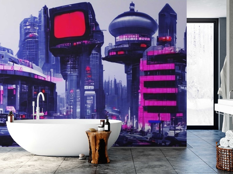 Game Room Wallpaper Cyberpunk City Mural Wallpaper Wall Decor Etsy
