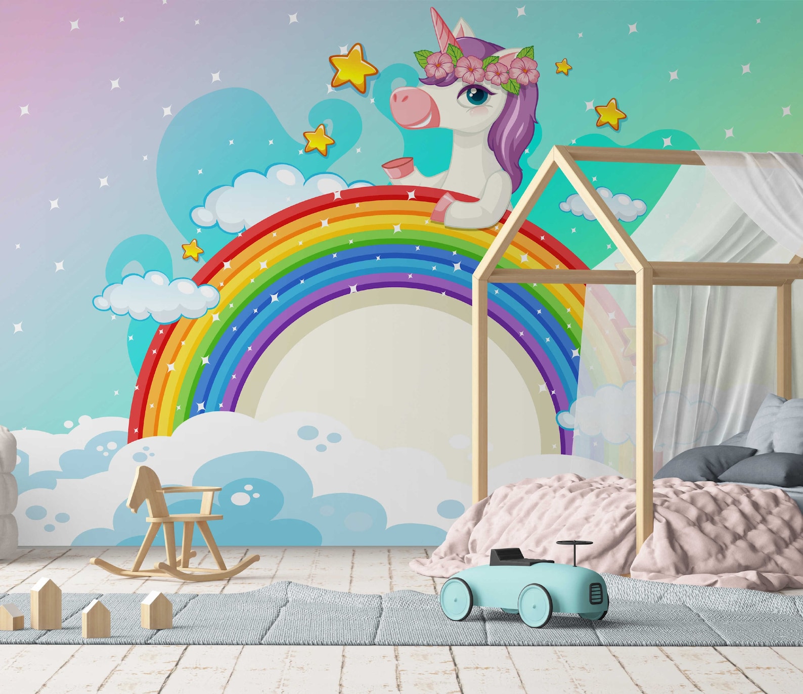 Cute Unicorn Wallpaper for Kids Room Wall Mural With Pastel Sky Child
