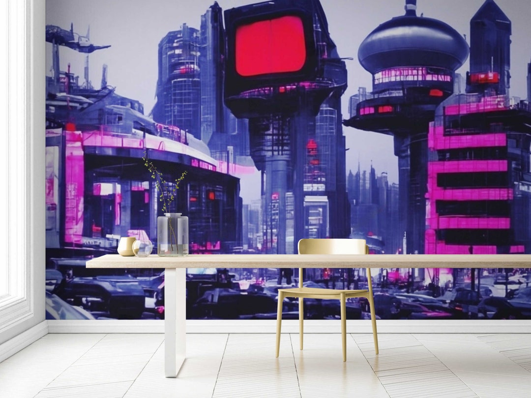 Game Room Wallpaper Cyberpunk City Mural Wallpaper Wall Decor Etsy