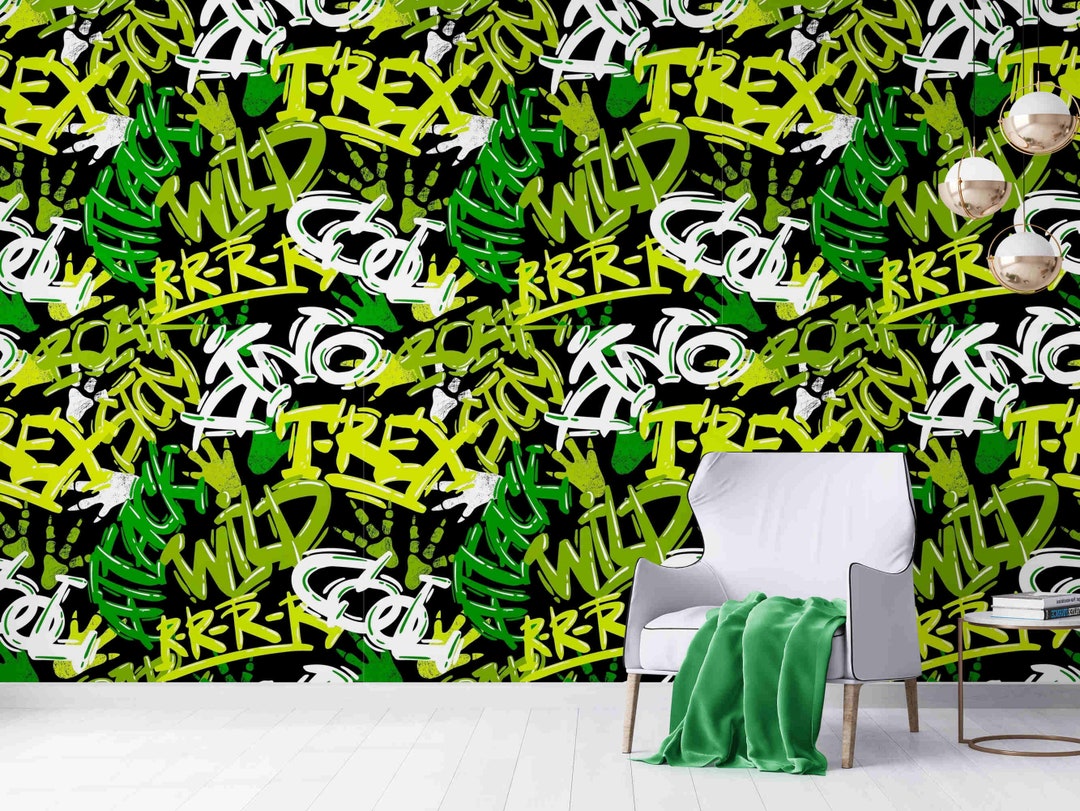 Green Graffiti Mural, Graffiti Wallpaper Peel and Stick Mural Street