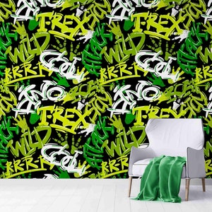 Green Graffiti Letters Wallpaper: Modern Peel and Stick Mural
