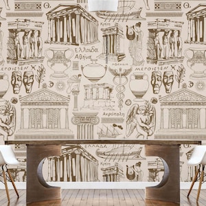 Ancient Greek Culture Seamless Pattern Wallpaper – Repeating Classical Wall Mural, Peel and Stick or Traditional Greek Mythology Wall Decor