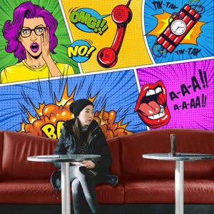 Pop Art Comic Wall Mural - Peel and Stick Wallpaper for Bold Interior Design, Retro wall art, Game room wallpaper, PopArt wall murals
