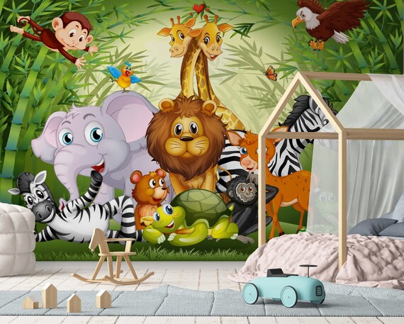 Custom Kids Room Wallpaper Mural - Forest Watercolor Safari Animals, 150cm X 105cm