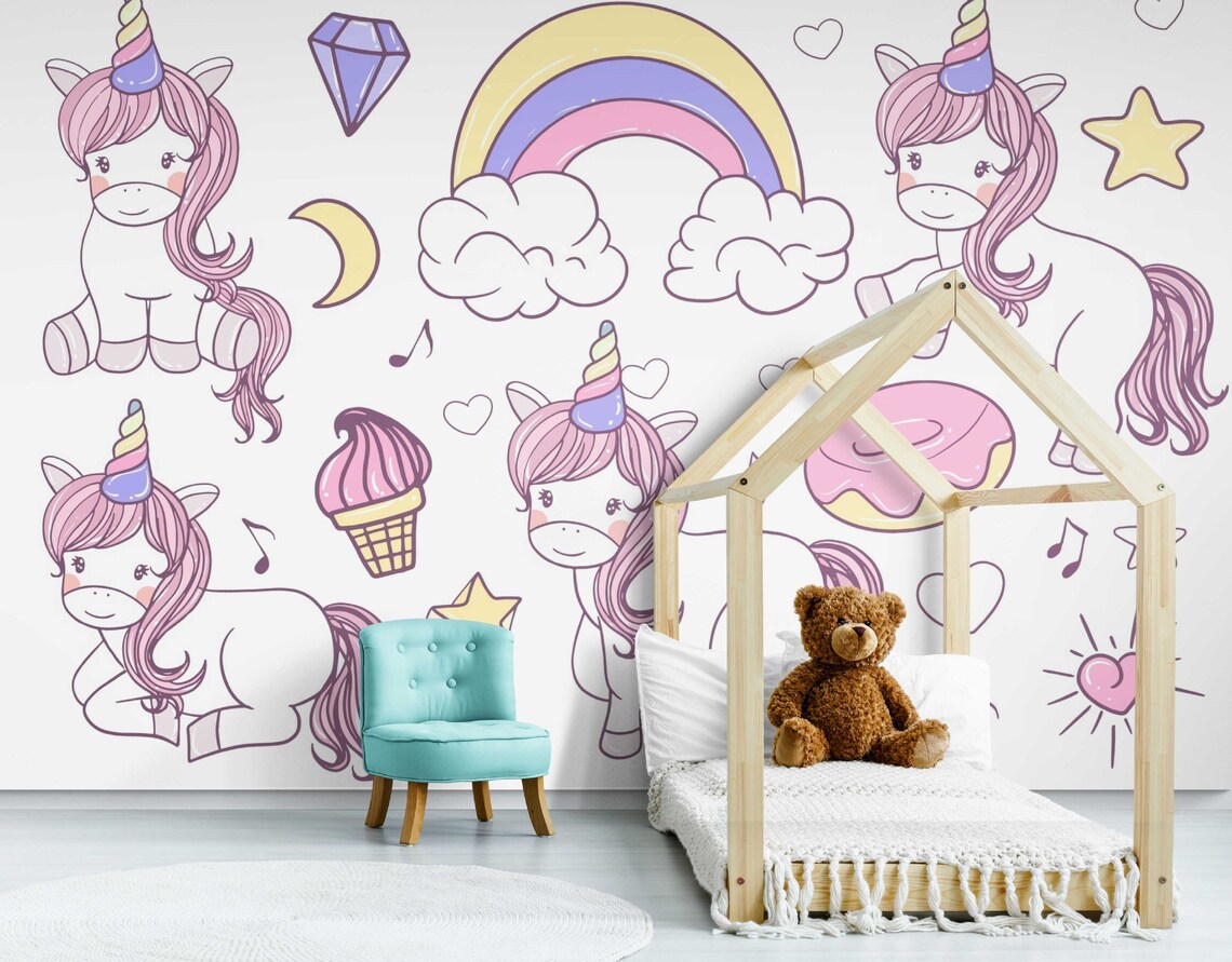 Nursery Kids Bedroom Wallpaper Cute Hand Drawn Unicorn Wall - Etsy
