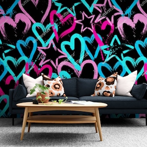 Colored Hearts Graffiti Wall paper Bedroom Graffiti Wall Mural Graffiti Murals Peel & Stick Custom Graffiti Wallpaper Vinyl Wallpaper Decor