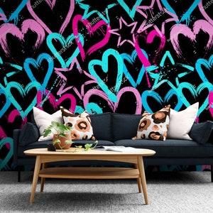 Colored Hearts Graffiti Wall paper Bedroom Graffiti Wall Mural Graffiti Murals Peel & Stick Custom Graffiti Wallpaper Vinyl Wallpaper Decor