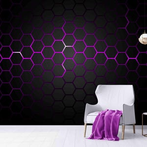 Neon Hexagon 3d Gaming Room Wallpaper Peel & Stick or Textured, RGB Wall Art Design for Cool Game Room Decor Neon Geometric Wall Design