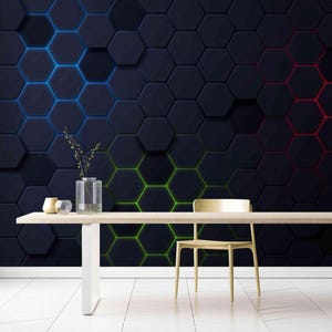 Neon Hexagon 3D Gaming Room Wallpaper Peel and Stick or Textured, RGB Wall Art Design for Cool Game Room Decor Neon Geometric Wall Design