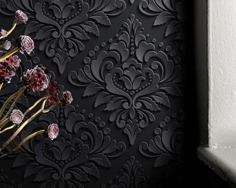 Dark Gray Vintage Damask Peel and Stick Wallpaper