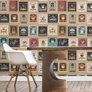 Vintage Coffee Stamps Collage Wallpaper – Retro Postage Stamp Pattern Wall Mural, Self Adhesive for Kitchen, Cafe, or Dining Room Decor