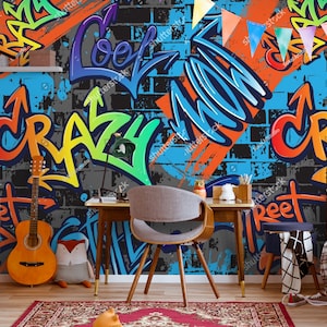 Carta da parati con graffiti colorati e fantastici per la sala giochi di ragazzi e ragazze, decorazione da parete per la camera da letto dei bambini, carta da parati con graffiti, stacca e attacca, personalizzata con texture.