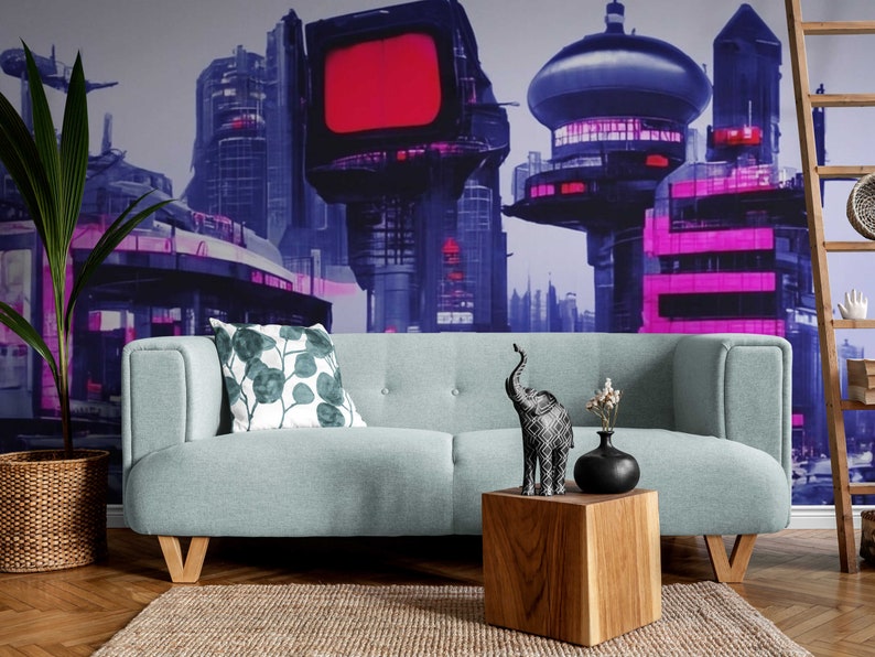 Game Room Wallpaper Cyberpunk City Mural Wallpaper Wall Decor Etsy