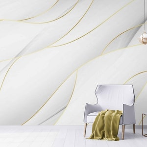 White and gold mural 3D wallpaper mural Peel stick mural Golden wavy wall art 3D effect wallpaper Luxury wall mural 3D textured wallpaper