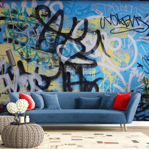 Blue Graffiti Wallpaper Wall mural Graffiti Wall paper Adhesive Custom Wallpapers Kids Wall mural decals Stick an Peel wallpaper decal mural