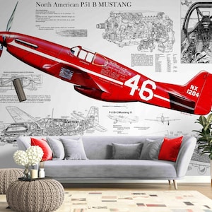 P-51B Mustang Blueprint Wallpaper Mural - Military Aviation Peel and Stick