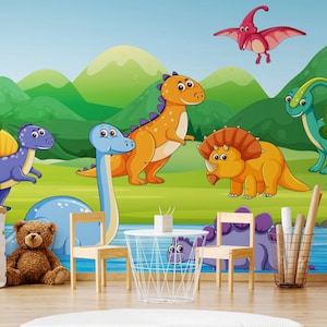 Cartoon Kids Wallpaper, Dinosaurs Wall Mural Peel And Stick, Nursery Bedroom Art, Kids Wall paper for Playroom Photo Wall Animals Wall Decor