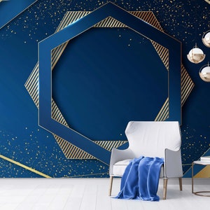 Modern Geometric 3D Wallpaper for Wall - Blue and Gold, Custom Self adhesive vinyl, Cool Game room Decor with Aesthetic Wall Coverings