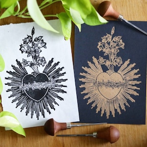 Linocut "Ex Voto Fleuri", heart, flowers, 15x21cm, black and gold illustration, hand printed