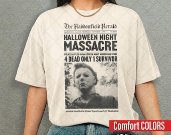 Haddonfield Herrald Halloween Night Massacre Michael Myers Unisex T-shirt, Skjorta, Kläder, Skräckfilm Fangåva, Läskig Halloweenkostym