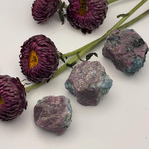 May include: A display of dried, deep purple flowers with yellow centres and several rough gemstones. The gemstones are a mix of pink and blue hues, with a textured surface. The flowers are on a green stem.
