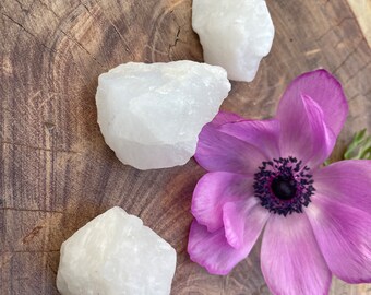 May include: Three white, rough-hewn quartz crystals on a wooden surface with a single pink flower.