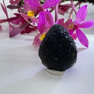 Pode incluir: Uma pedra preta, áspera, em forma de lágrima sobre um pedestal branco, cercada por flores de orquídea rosa.