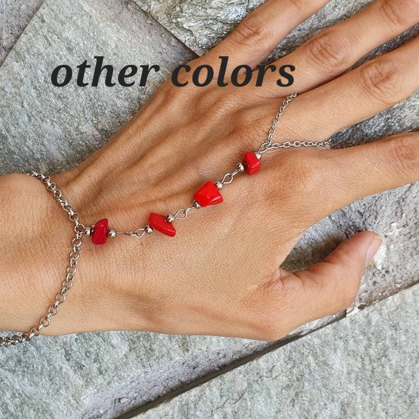 Bracelet esclave chaîne pierres brutes, bracelet doigt, bijou main perlé, pièce main bohème, bague bracelet
