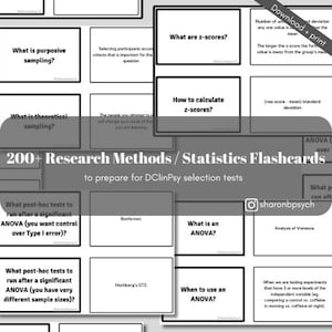 May include: Black and white flashcards with text about research methods and statistics. The text includes terms like "z-scores", "ANOVA", "purposive sampling", and "theoretical sampling".