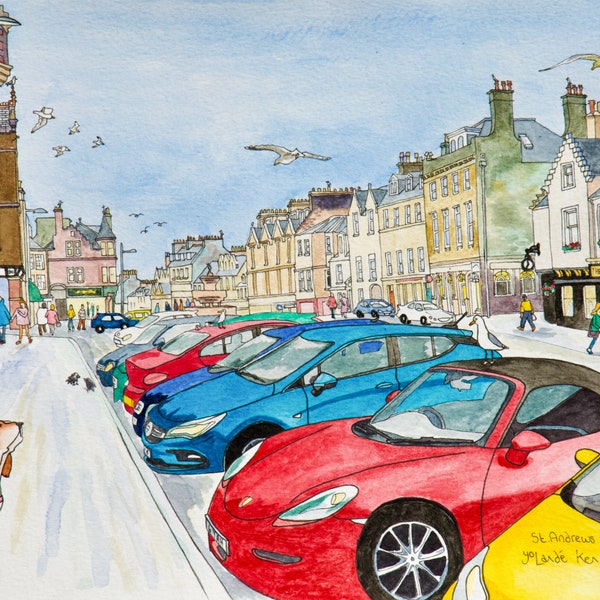 Rue du marché de St. Andrews, impression giclée d'art paysage en édition limitée signée, Fife, Écosse.