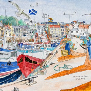 Pittenweem Harbour, Mending the fishing Nets, Fine Art Giclée Signed Limited Edition Landscape Print, East Neuk of Fife, Scotland.