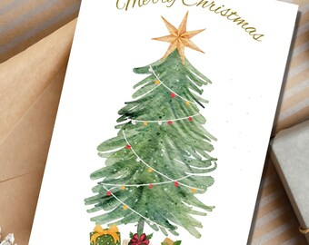 Biglietto di auguri natalizio con albero ad acquerello, articoli di cancelleria per le feste (download digitale)