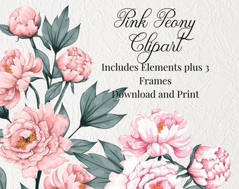 Peony Clipart, Pink Peonies, Floral Clipart, Wedding Graphics, Decorative Florals for Scrapbooking Stickers