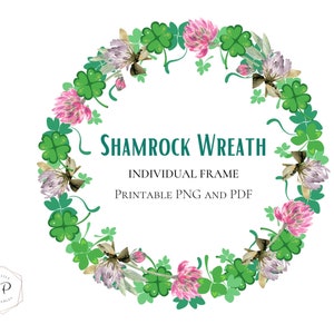 Corona de trébol de amuleto de la suerte, imágenes prediseñadas de flores de trébol imprimibles, decoración del día de San Patricio