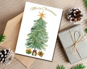 Watercolor Christmas Tree Card: Printable Holiday Greeting (PDF)