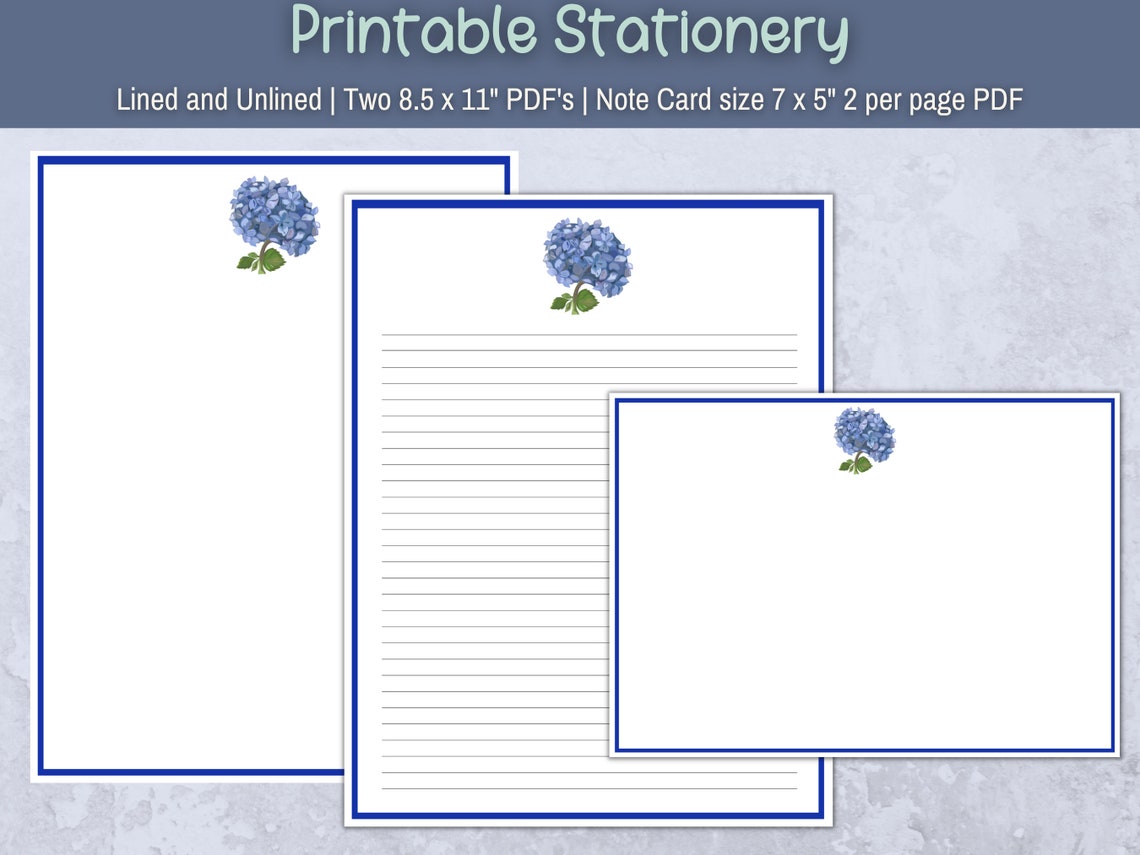 Blue Hydrangea Printable Paper Letter Writing Thank You Notes Journal ...