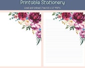 Peony Floral Writing Paper Printable Letter Paper Lined and Unlined Stationery