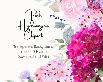 Watercolor Pink Hydrangea Clipart, Floral Bouquet (Digital Download)