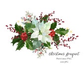 Christmas Floral Bouquet, Winter Weddings, Poinsettia and Holly Floral Clipart use to create Cards, Invites and Home Decor