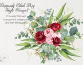 Peony Bouquet, Burgundy Flower Clipart, Peony flowers, Printable PDF