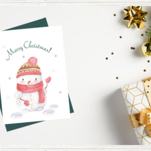 Tarjeta de felicitación imprimible con muñeco de nieve navideño, juego de 2 tarjetas de acuarela, PDF imprimible
