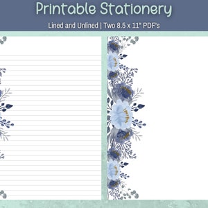 Papel de papelería floral azul, elegante carta imprimible en azul marino o páginas de diario, papel de notas o papel de escritura