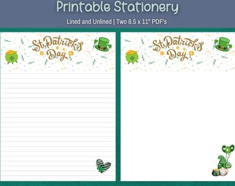 May include: Printable stationery featuring a St. Patrick's Day theme. The design includes a green leprechaun hat, a pot of gold, and confetti. The paper is lined on one side and unlined on the other. The paper is 8.5 inches by 11 inches.