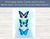 Butterfly Notecards, Editable Butterfly Watercolor Stationery,  Printable Notecard Blank Inside