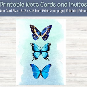 Butterfly Notecards, Editable Butterfly Watercolor Stationery,  Printable Notecard Blank Inside