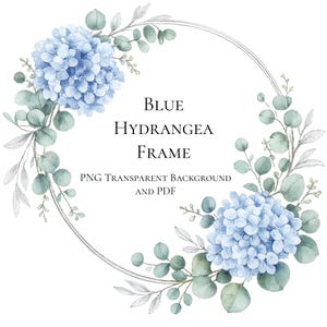 Könnte beinhalten: Ein kreisförmiger floraler Rahmen mit hellblauen Hortensien und grünen Eukalyptusblättern. Der Text "Blue Hydrangea Frame" ist zentriert, darunter "PNG Transparent Background and PDF". Aquarell-Stil.