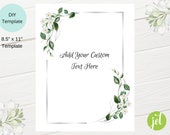 Green Silver Floral Invite Template, Fully Editable Invite or Party Sign