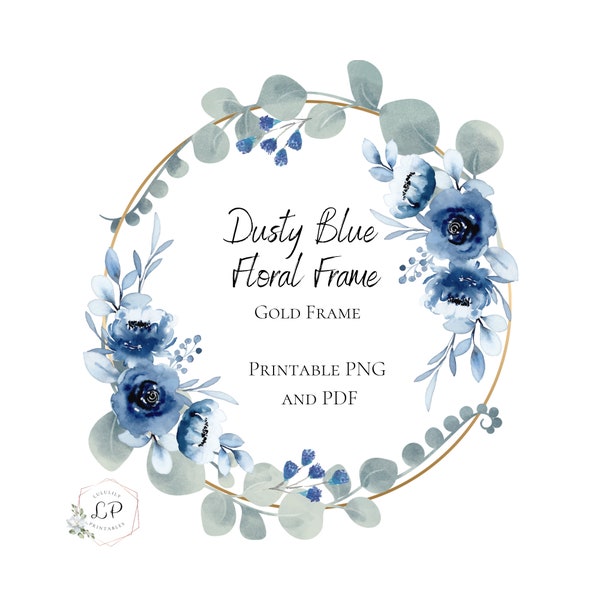 Dusty Blue Flowers Floral Frame, Blue Floral Clipart Wreath, Something Blue Wedding Clipart