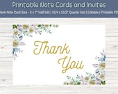 Floral Note Card, Bridal Showers Birthdays Thank You, Printable Editable Card