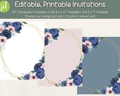 Blue Modern Floral Stationery, Editable Invitation Templates, DIY Printable Template
